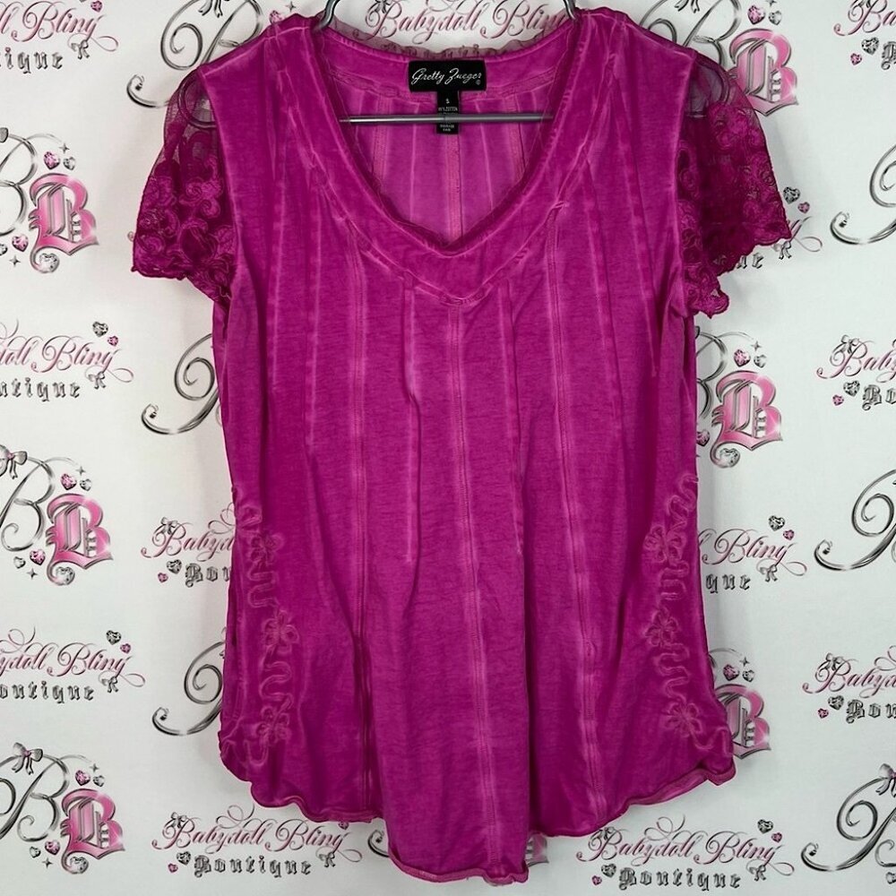 Gretty zueger top tshirt tee pink purple lace  Magenta Lace Sleeve Blouse